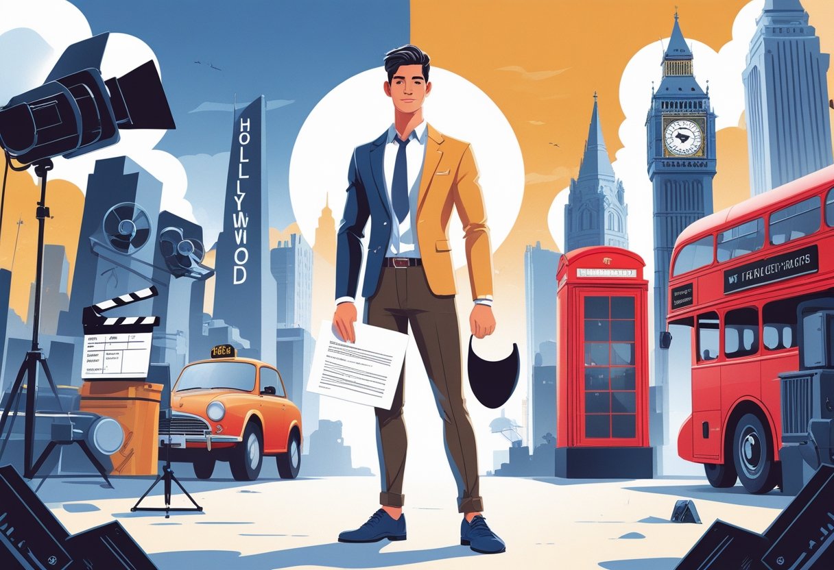 An actor stands between symbols of the US and UK acting industries, with the Hollywood sign and cityscape on one side and the Globe Theatre and British landmarks on the other.
