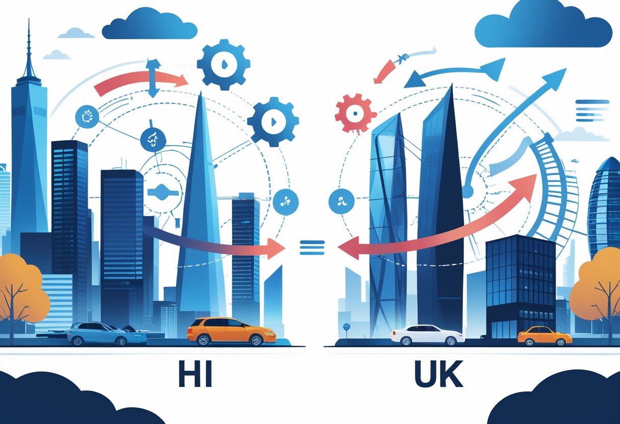 A detailed scene showing two city skylines representing the US and UK markets with symbols of competition and industry challenges between them.