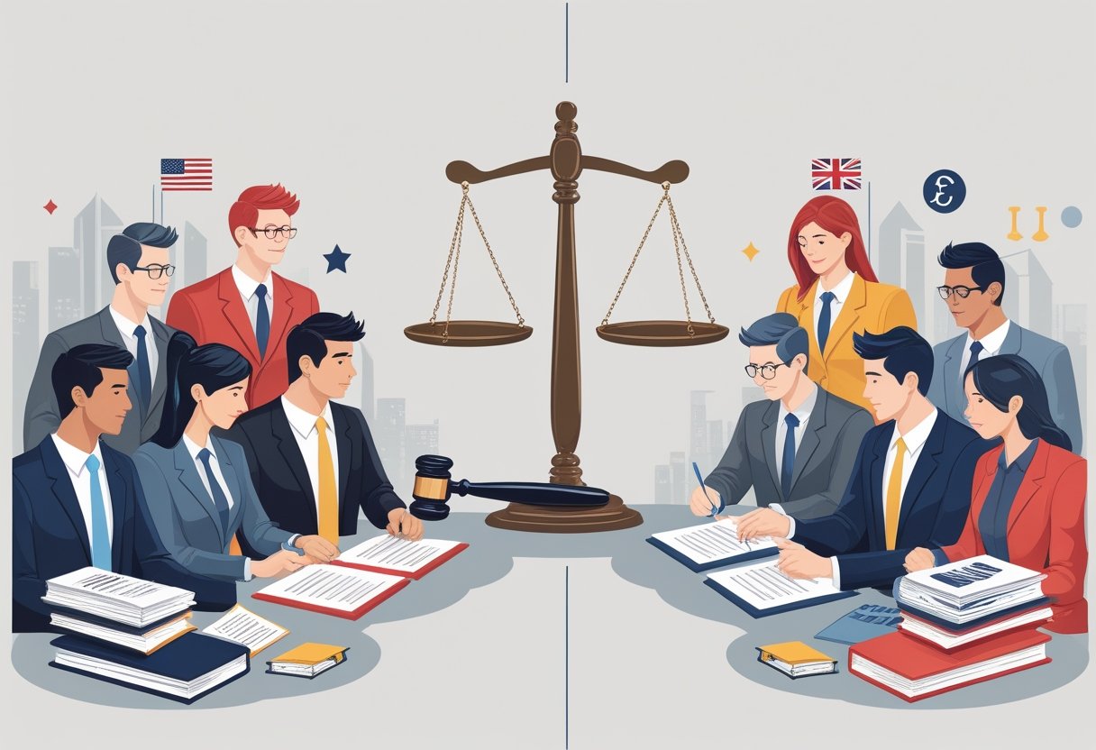 Two groups of workers representing the US and UK markets engaged in union and legal discussions, separated by a balanced scale symbolizing differences in union representation and labor laws.