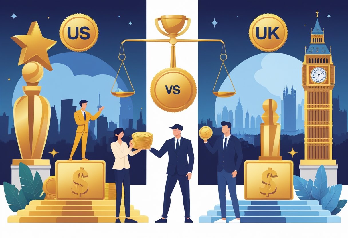 Two actors stand side by side, one with Hollywood awards and a large paycheck, the other with British landmarks and a smaller award, highlighting differences in pay and recognition.