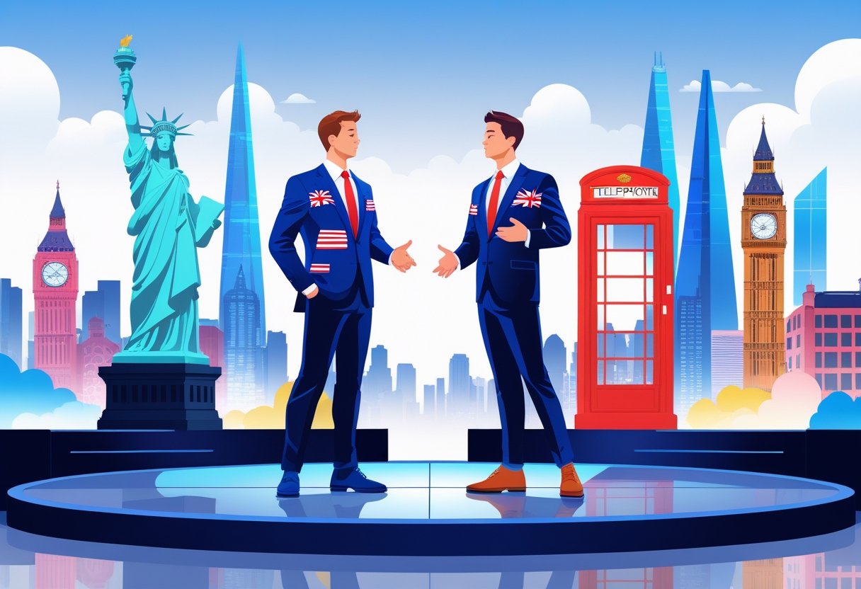 Two businesspeople dressed in suits stand on a stage between iconic landmarks of the US and UK, representing differences between the two markets.