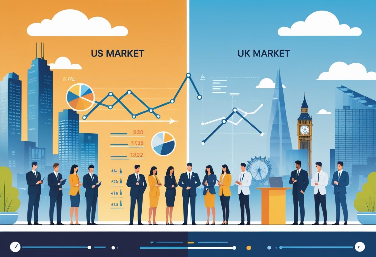 Illustration showing a split scene with American city skyline and business people on one side, and London landmarks with professionals on the other, highlighting differences between US and UK markets.