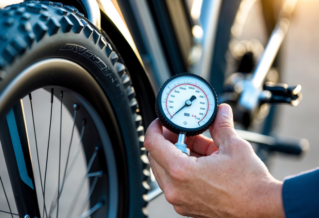 Tire Pressure Guide for E-Bikes: Practical PSI Ranges and Setup Tips A person checking and adjusting the tire pressure on an electric bike tire using a tire pressure gauge outdoors.