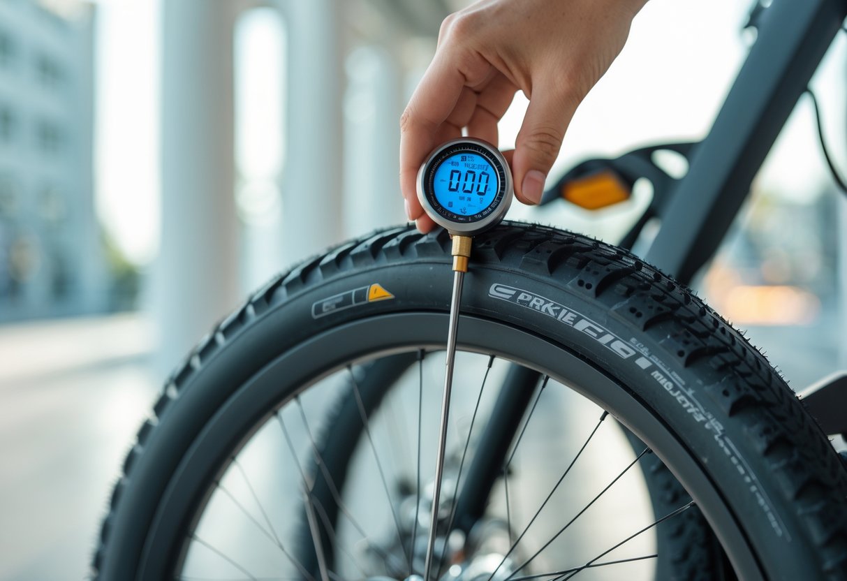 Tire Pressure Guide for E-Bikes: Practical PSI Ranges and Setup Tips Close-up of hands checking the tire pressure on an e-bike tire using a digital gauge outdoors.