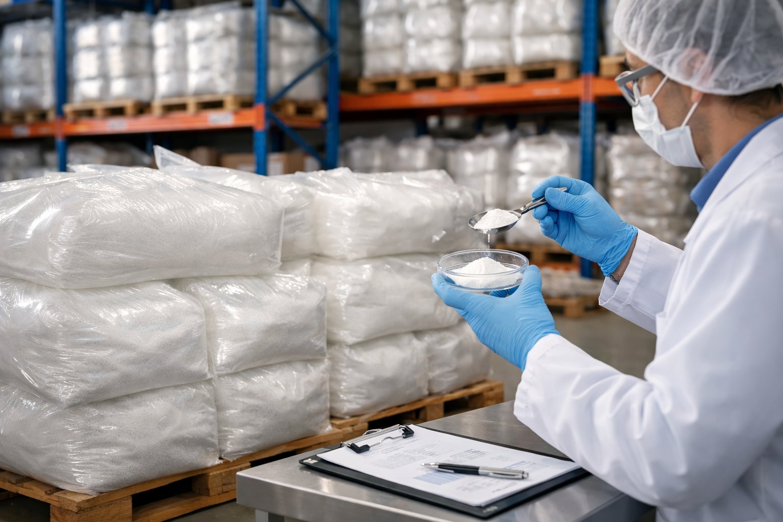 A warehouse with large sacks of white powder stacked on pallets and a worker inspecting a sample.