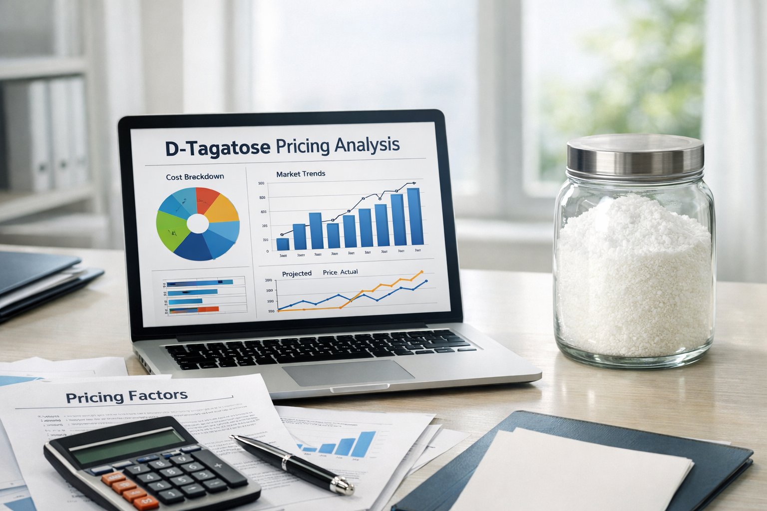 A desk with a laptop showing pricing charts, documents, a calculator, and a jar of white crystalline powder representing D-Tagatose.