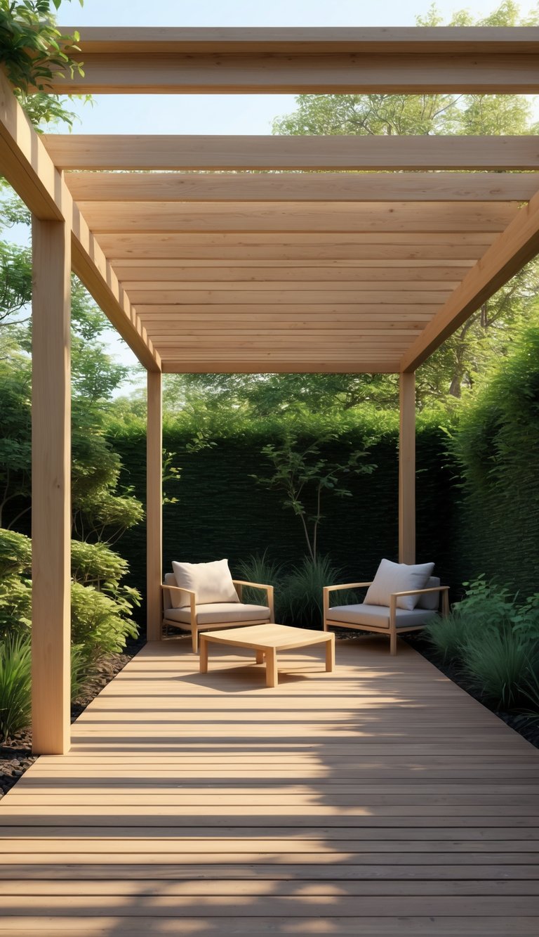 13 Ground Level Deck Ideas to Maximize Small Yards and Outdoor Living 2 Ground-level wooden deck with a pergola providing shade, furnished with a table and chairs surrounded by green plants.