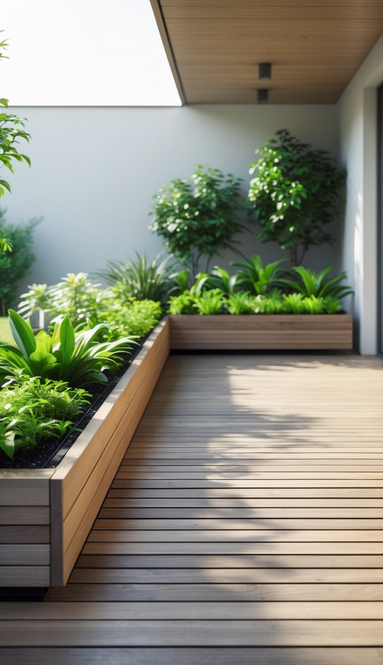 13 Ground Level Deck Ideas to Maximize Small Yards and Outdoor Living 3 Ground-level wooden deck with built-in planter boxes filled with green plants.