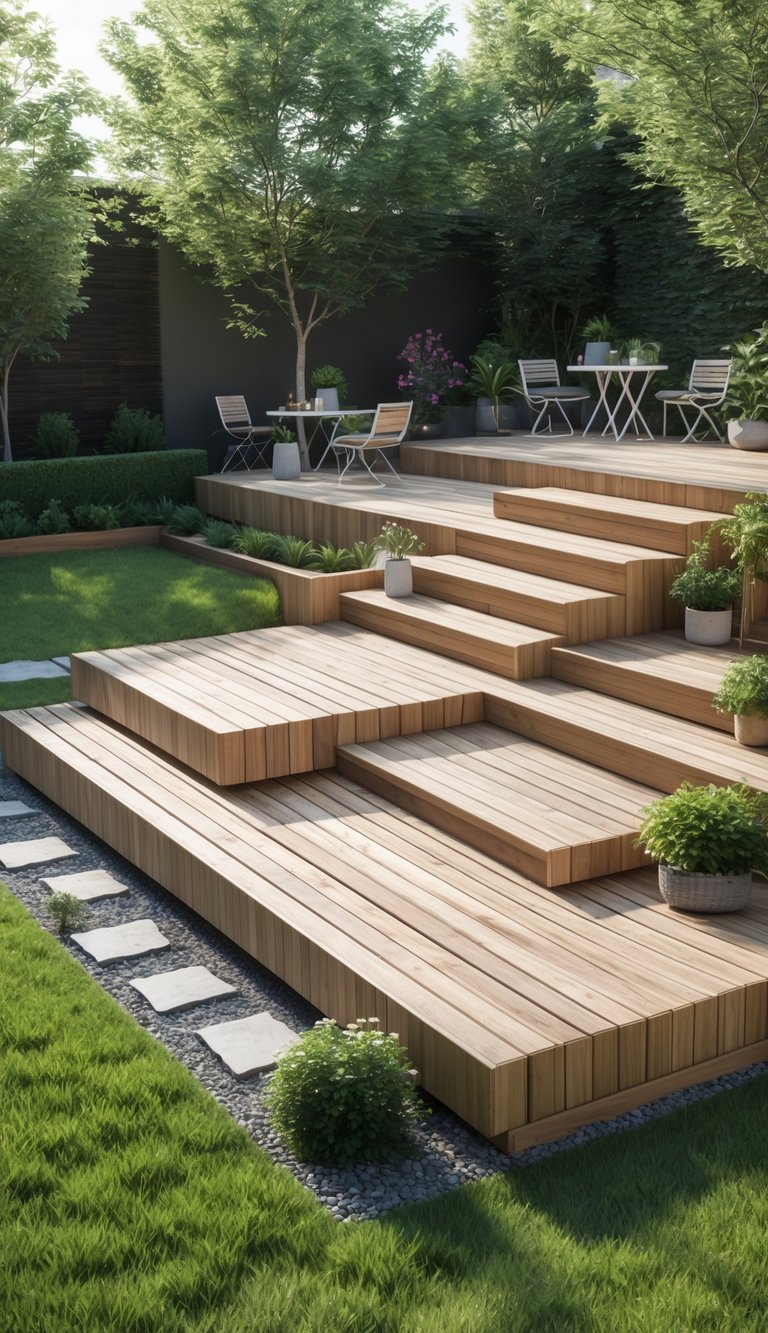 13 Ground Level Deck Ideas to Maximize Small Yards and Outdoor Living 4 A multi-level wooden deck in a small backyard with outdoor furniture and plants.