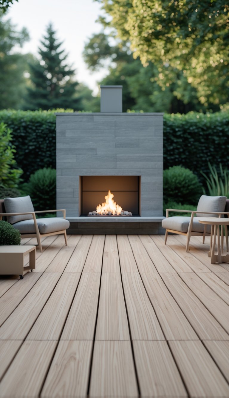 13 Ground Level Deck Ideas to Maximize Small Yards and Outdoor Living 5 Ground-level wooden deck with a built-in outdoor fireplace and outdoor seating surrounded by greenery.