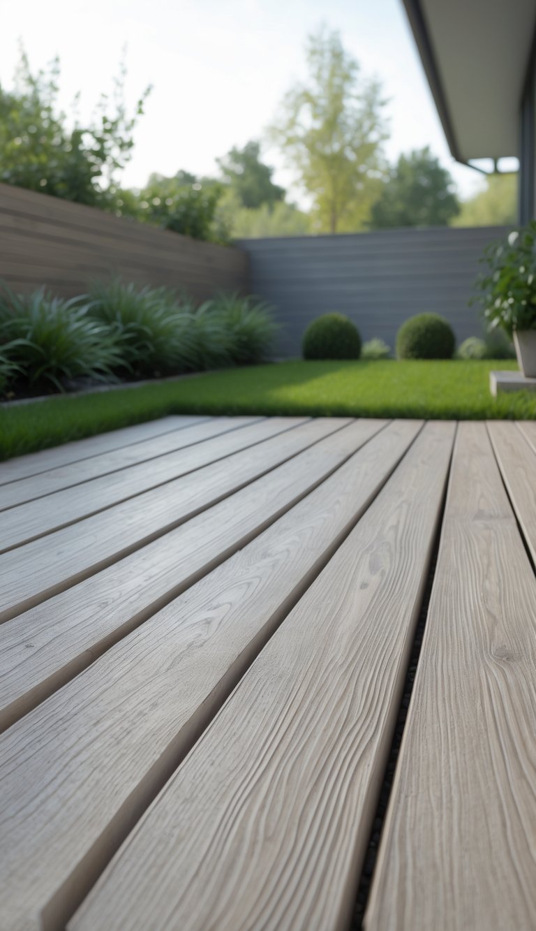 13 Ground Level Deck Ideas to Maximize Small Yards and Outdoor Living 7 Ground-level composite material deck surrounded by grass and small plants in a backyard setting.