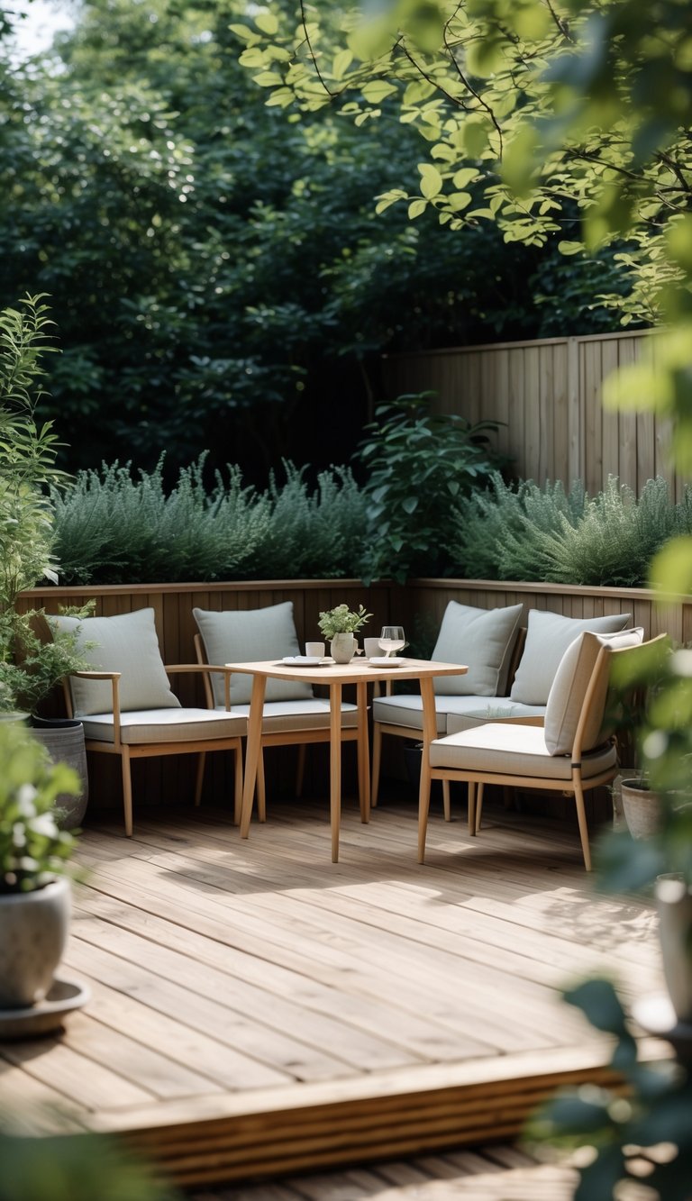 13 Ground Level Deck Ideas to Maximize Small Yards and Outdoor Living 9 A ground-level wooden corner deck with a wraparound design, set up for outdoor dining with a small table and chairs surrounded by greenery.
