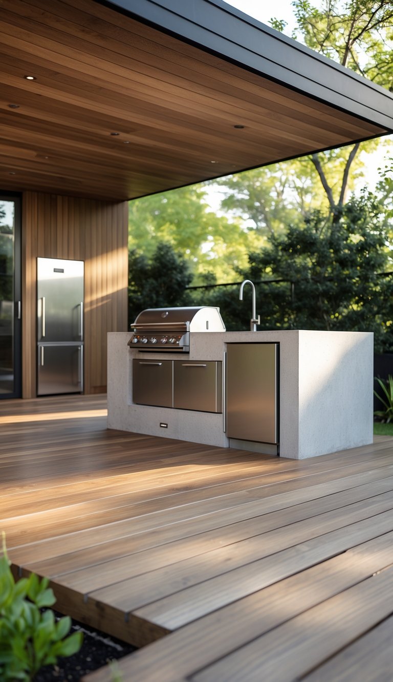 13 Ground Level Deck Ideas to Maximize Small Yards and Outdoor Living 12 Ground-level wooden deck with a built-in outdoor kitchen featuring a grill and countertop surrounded by greenery.