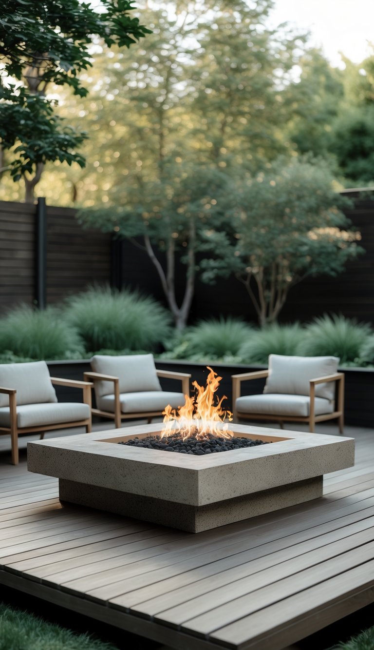 13 Ground Level Deck Ideas to Maximize Small Yards and Outdoor Living 13 A ground-level wooden deck with a built-in stone fire pit surrounded by outdoor chairs and greenery.