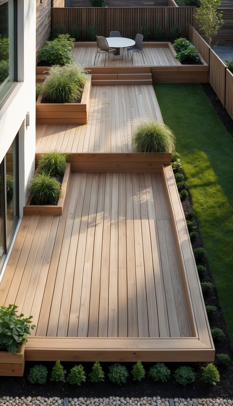 13 Ground Level Deck Ideas to Maximize Small Yards and Outdoor Living 14 A ground-level wooden deck in a backyard with outdoor furniture, plants, and a lawn.