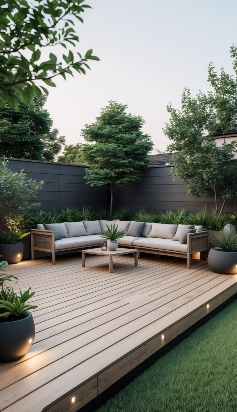 13 Ground Level Deck Ideas to Maximize Small Yards and Outdoor Living 15 A modern ground-level wooden deck with outdoor seating, plants, and a manicured lawn in a backyard.