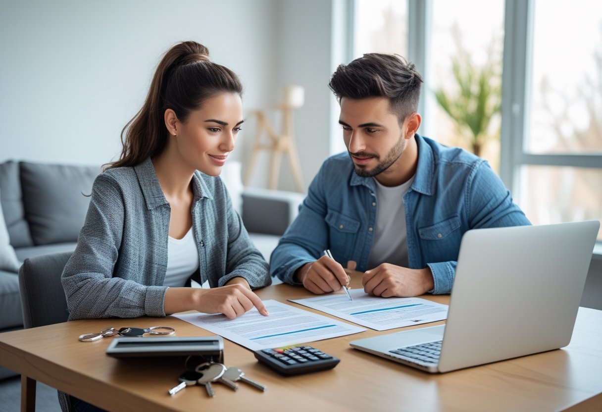 Kaution für Mietartikel 2 Ein junges Paar sitzt an einem Tisch in einem hellen Wohnzimmer und überprüft gemeinsam Mietdokumente mit Schlüsseln und Laptop auf dem Tisch.