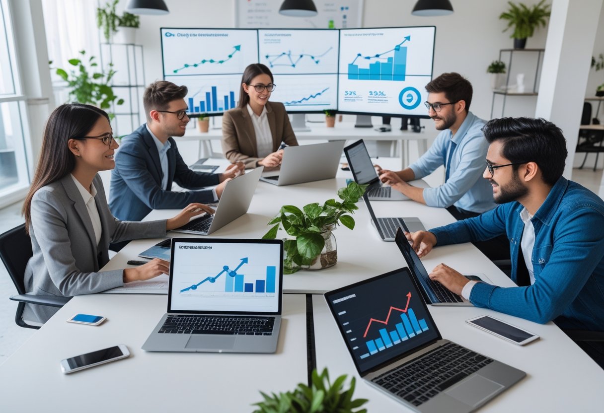 Leads Gewinnen: Bewährte Strategien 3 Mehrere Personen arbeiten gemeinsam an Laptops in einem modernen Büro, um Leads für Online-Shops zu gewinnen.