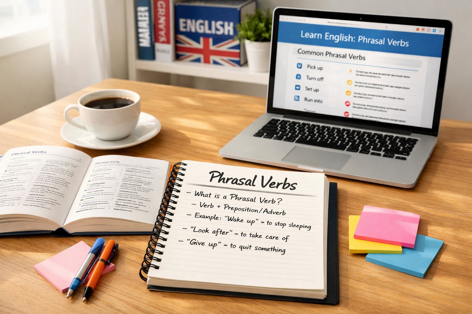 Radni stol s otvorenom bilježnicom, prijenosnim računalom, šalicom kave i knjigom o engleskim fraznim glagolima u uredskom prostoru.