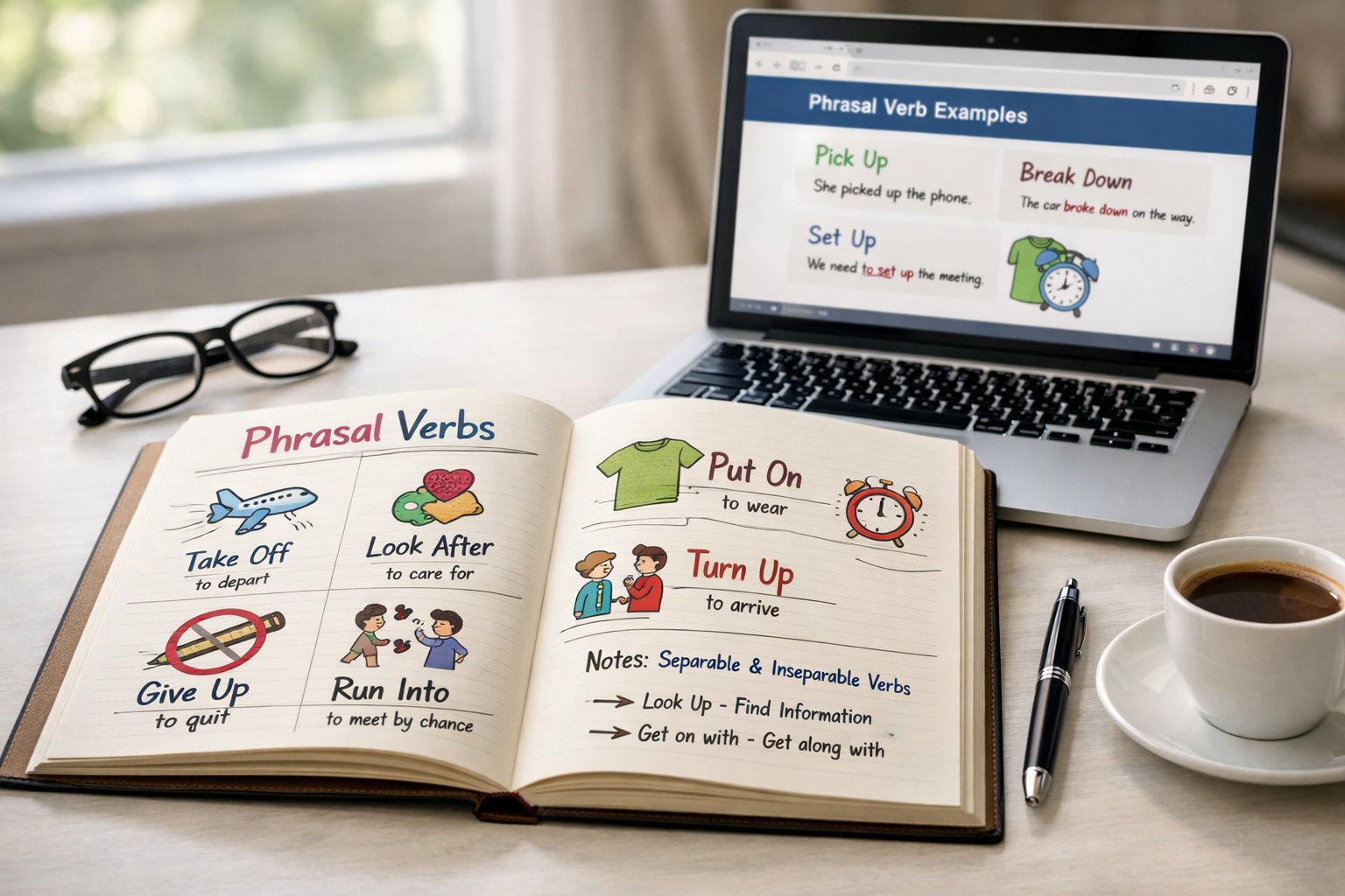 Otvorena knjiga i prijenosno računalo na stolu s bilješkama o engleskim fraznim glagolima, uz naočale i šalicu kave.