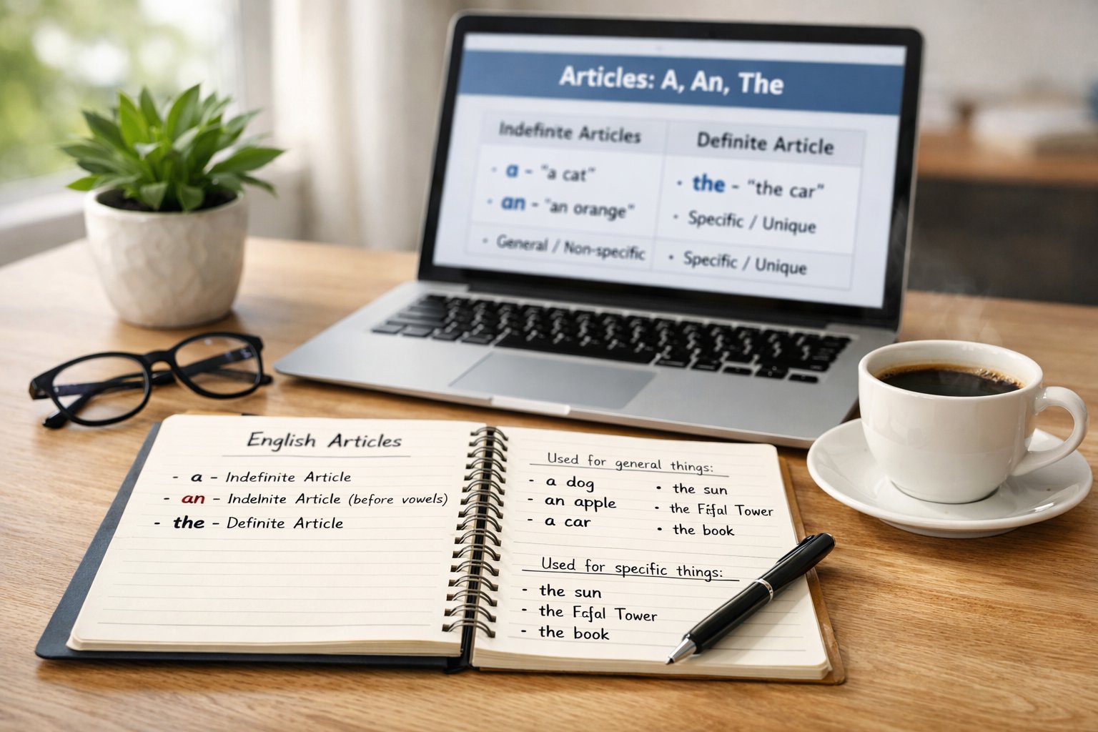 Radni stol s bilježnicom, prijenosnim računalom i šalicom kave, priprema za učenje engleske gramatike.