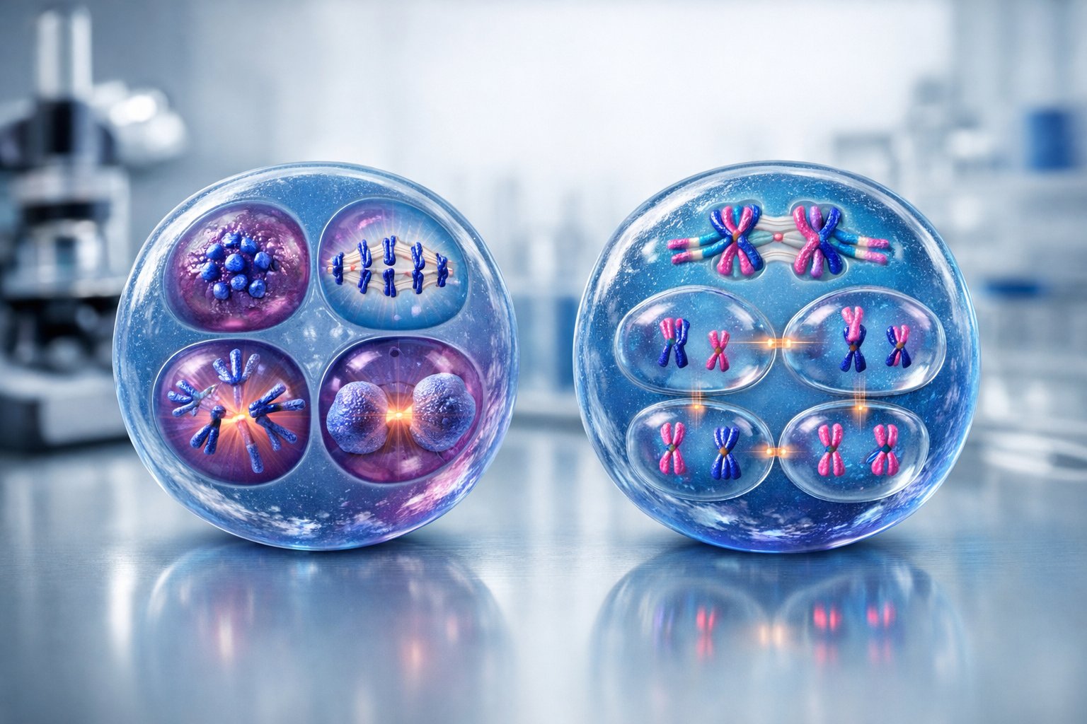 Detaljan prikaz stanica koje pokazuju faze mitoza i mejoza u laboratorijskom okruženju.