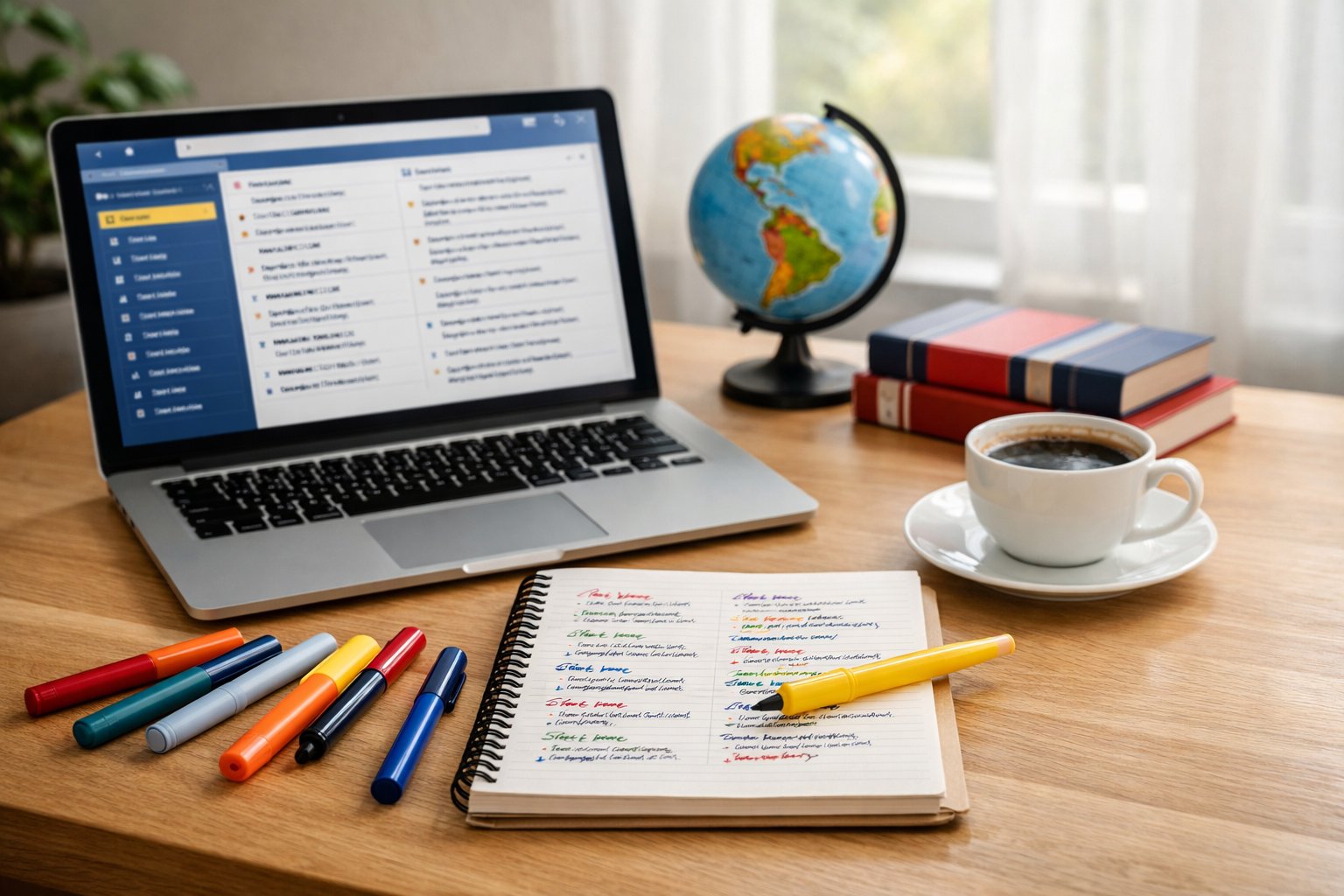 Radni stol s otvorenim prijenosnim računalom, bilježnicom, markerima i šalicom kave pored prozora s prirodnim svjetlom.