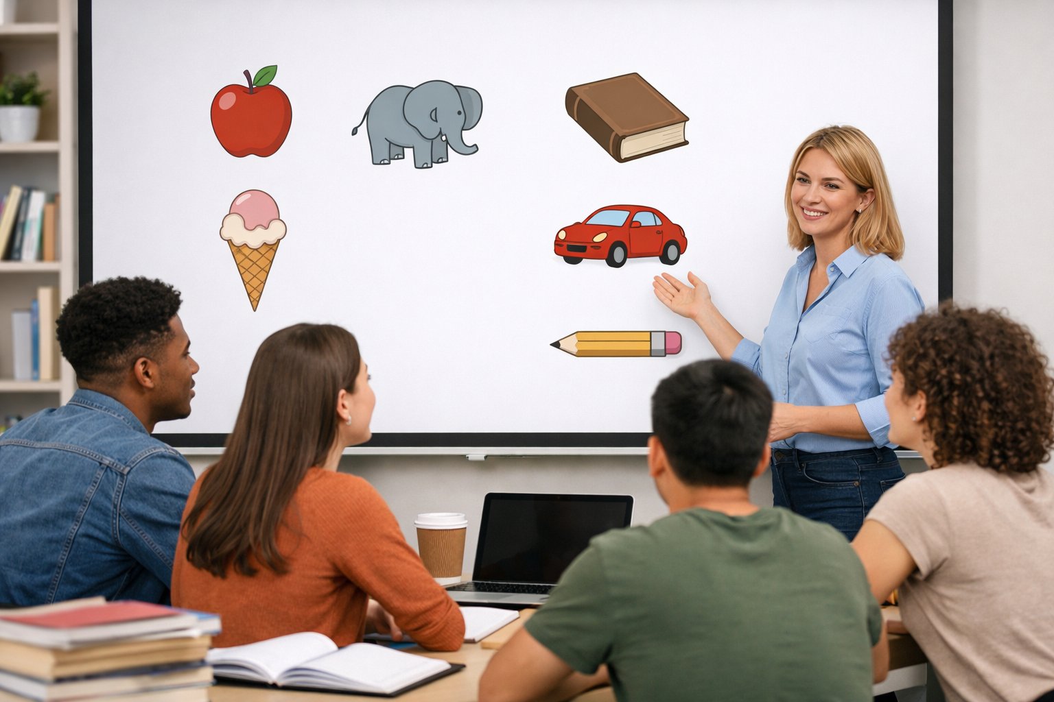 Skupina mladih ljudi u učionici uče engleski jezik, s ilustracijama predmeta na ploči koji predstavljaju neodređene članove a i an.