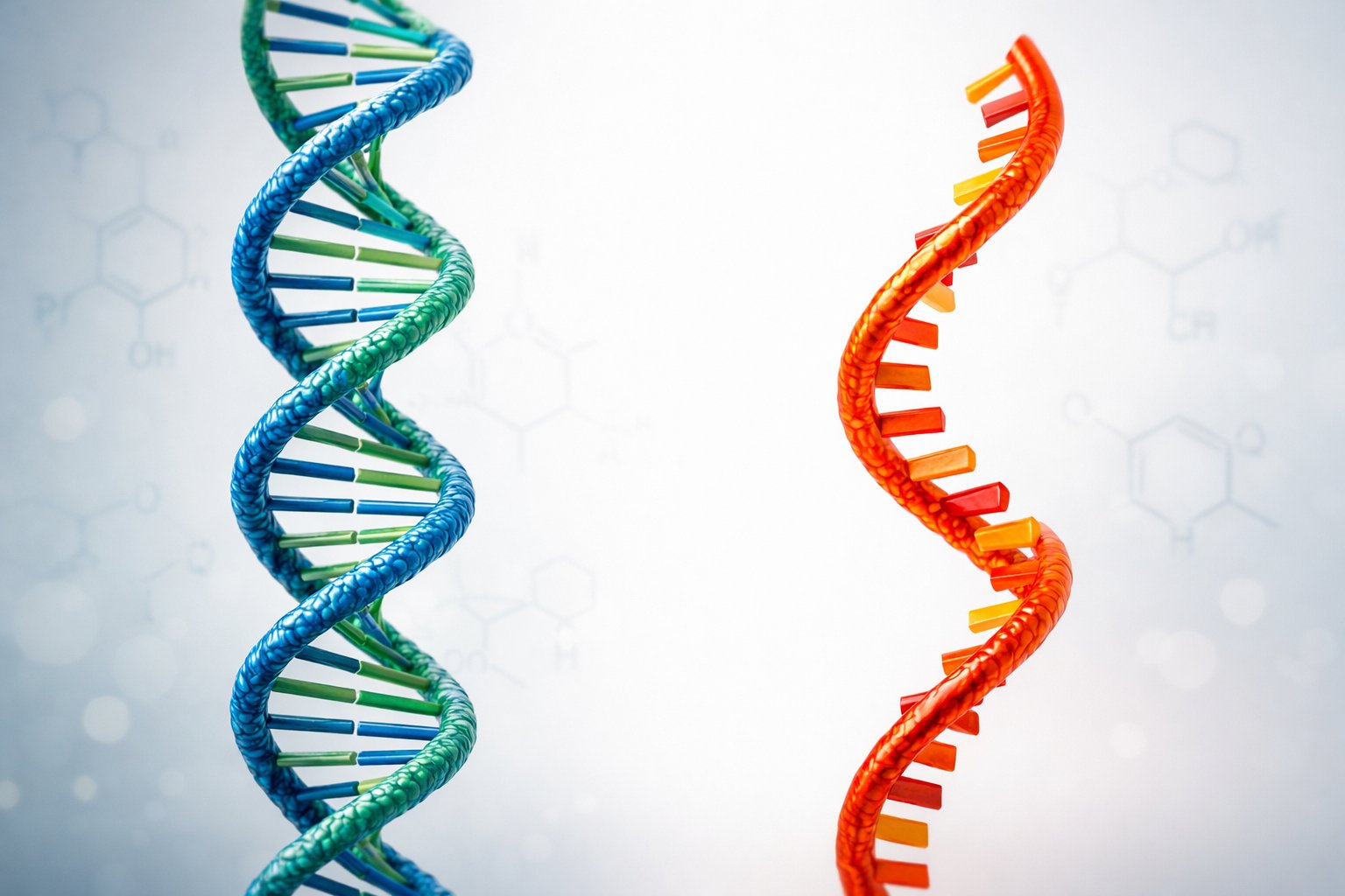 Prikaz molekularnih struktura DNA i RNA postavljenih jedna do druge, s dvostrukom spiralom za DNA i jednostrukom spiralom za RNA.