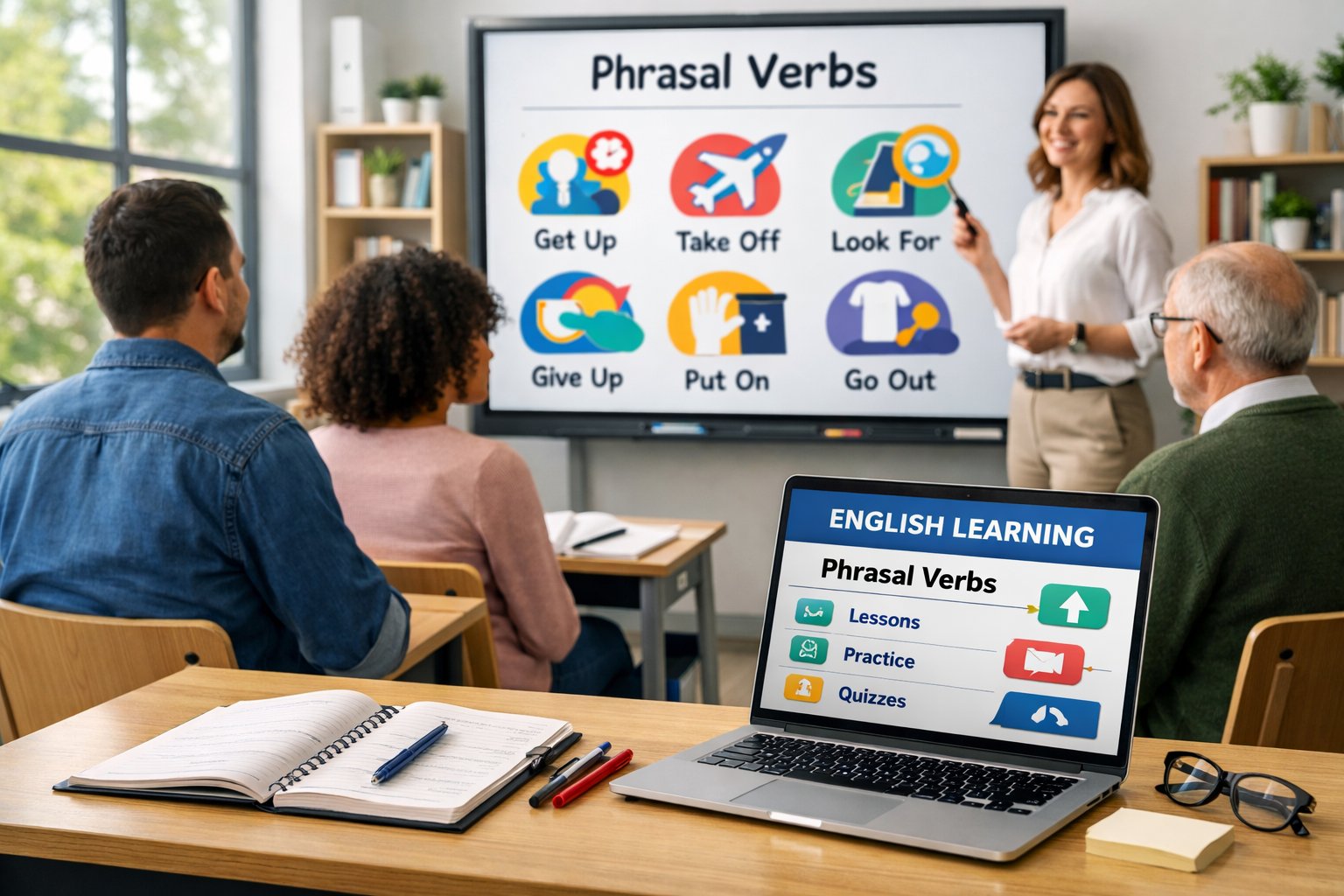 Učionica s odraslim studentima koji slušaju učitelja i uče engleske frazne glagole.