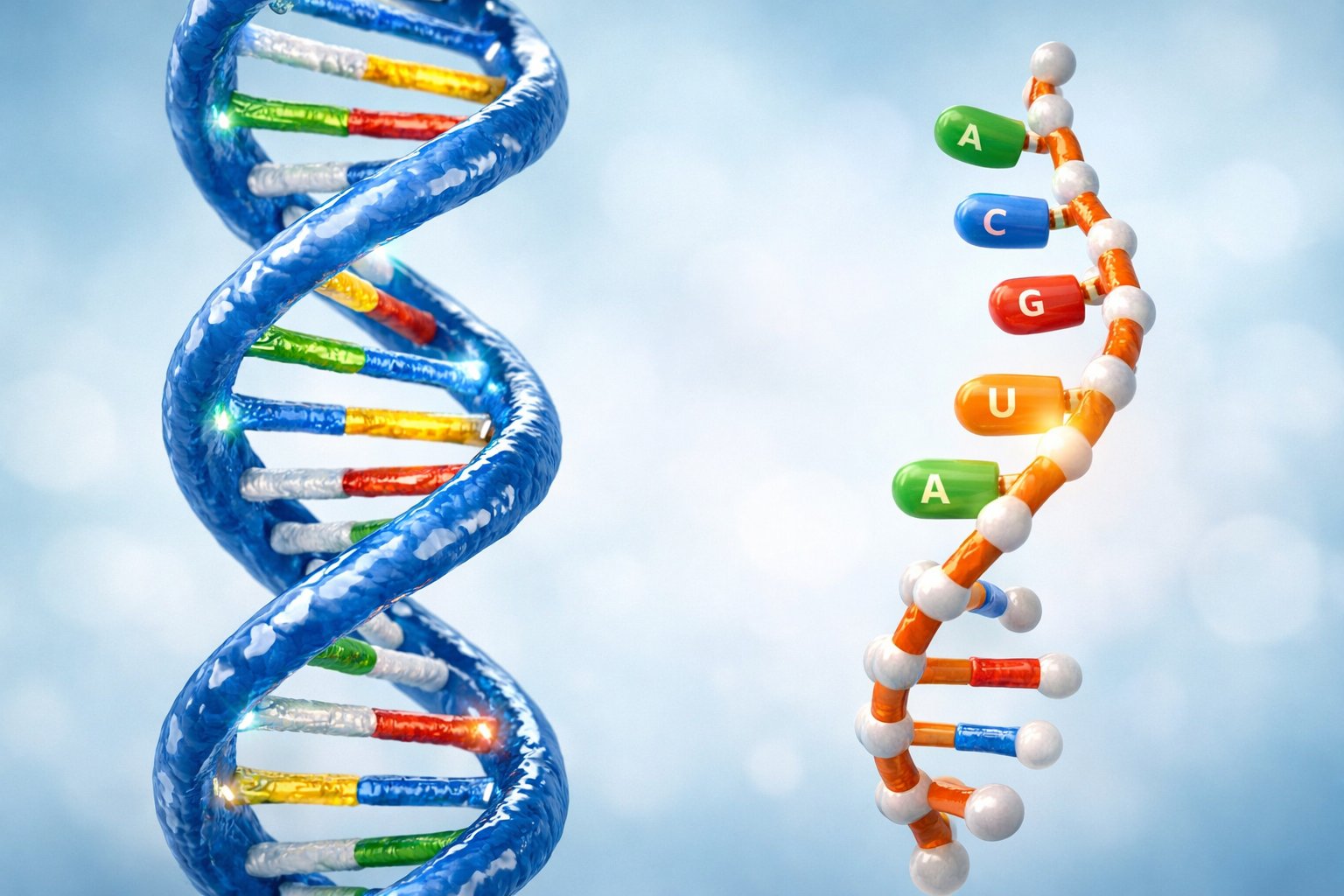 Prikaz molekula DNA i RNA s jasno vidljivim razlikama u strukturi na svijetloj pozadini.