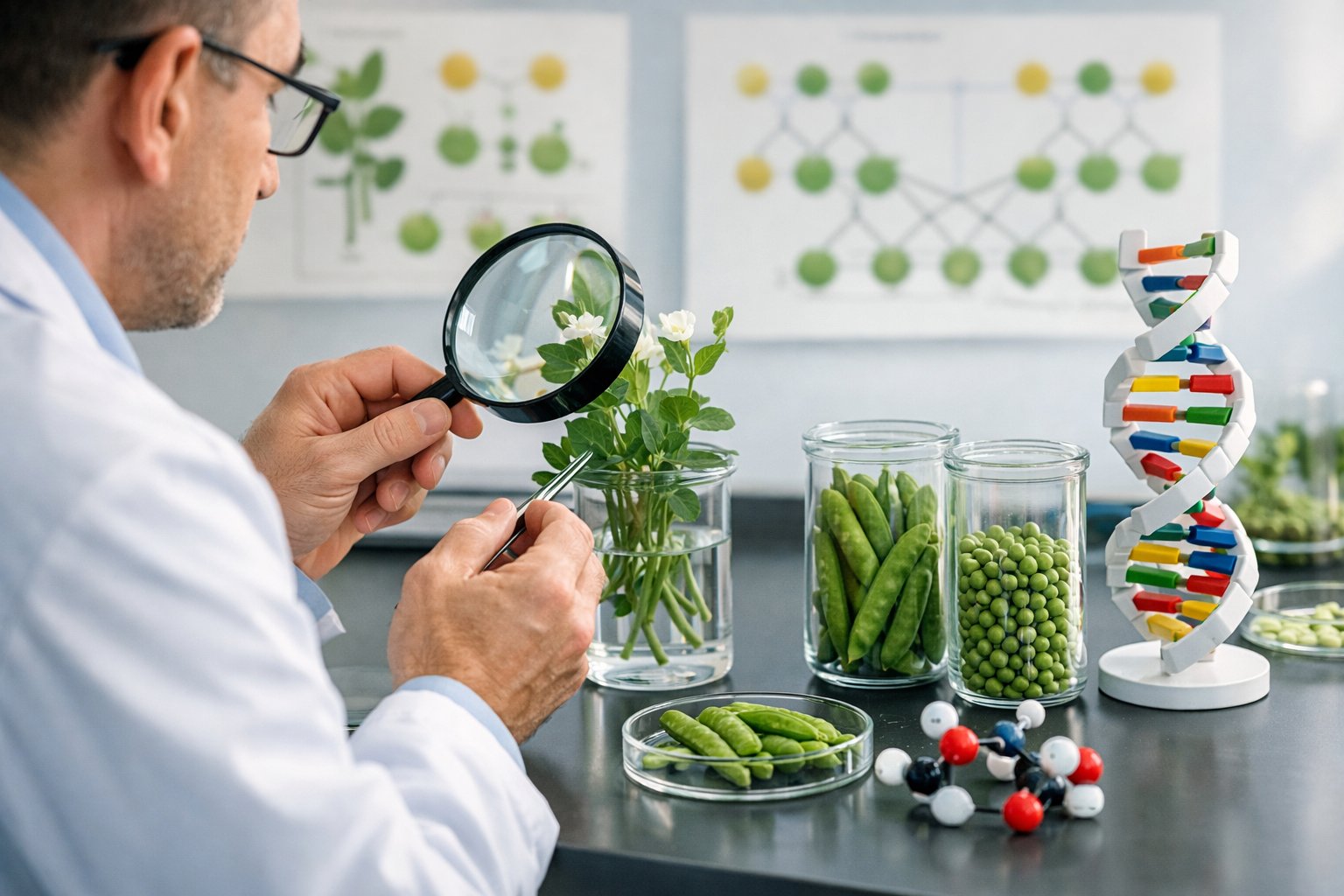 Znanstvenik u laboratoriju promatra grahove biljke i modele DNK na stolu.