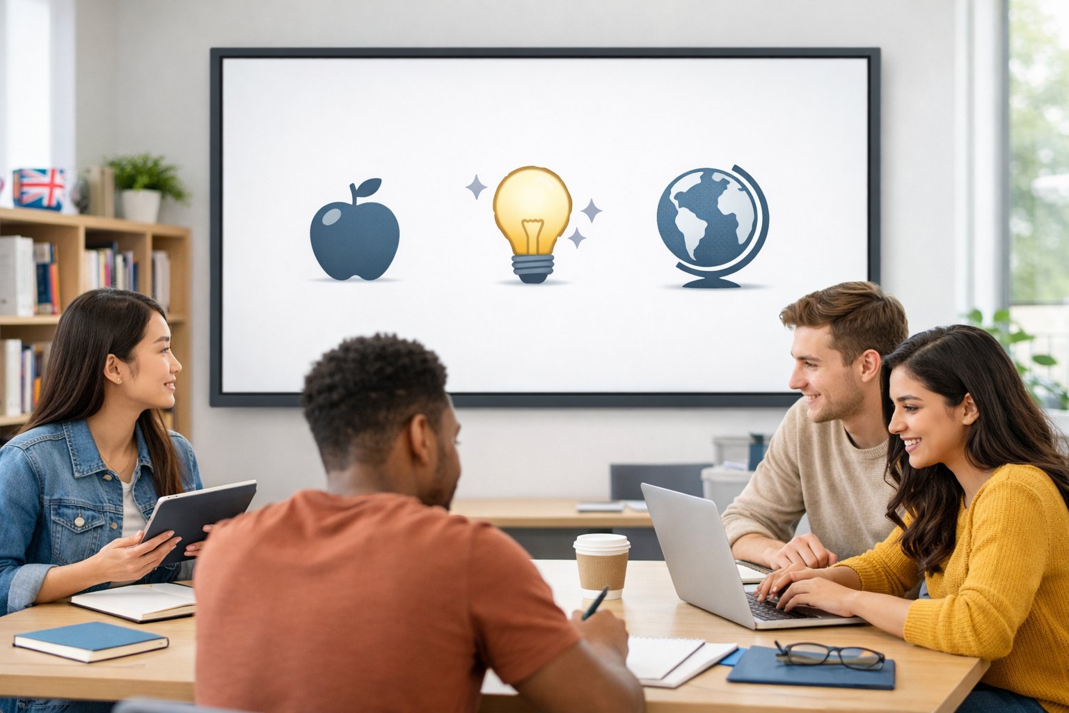 Grupa mladih ljudi u učionici koja uči engleski jezik, fokusirani na članove a, an i the, bez prikazanog teksta.