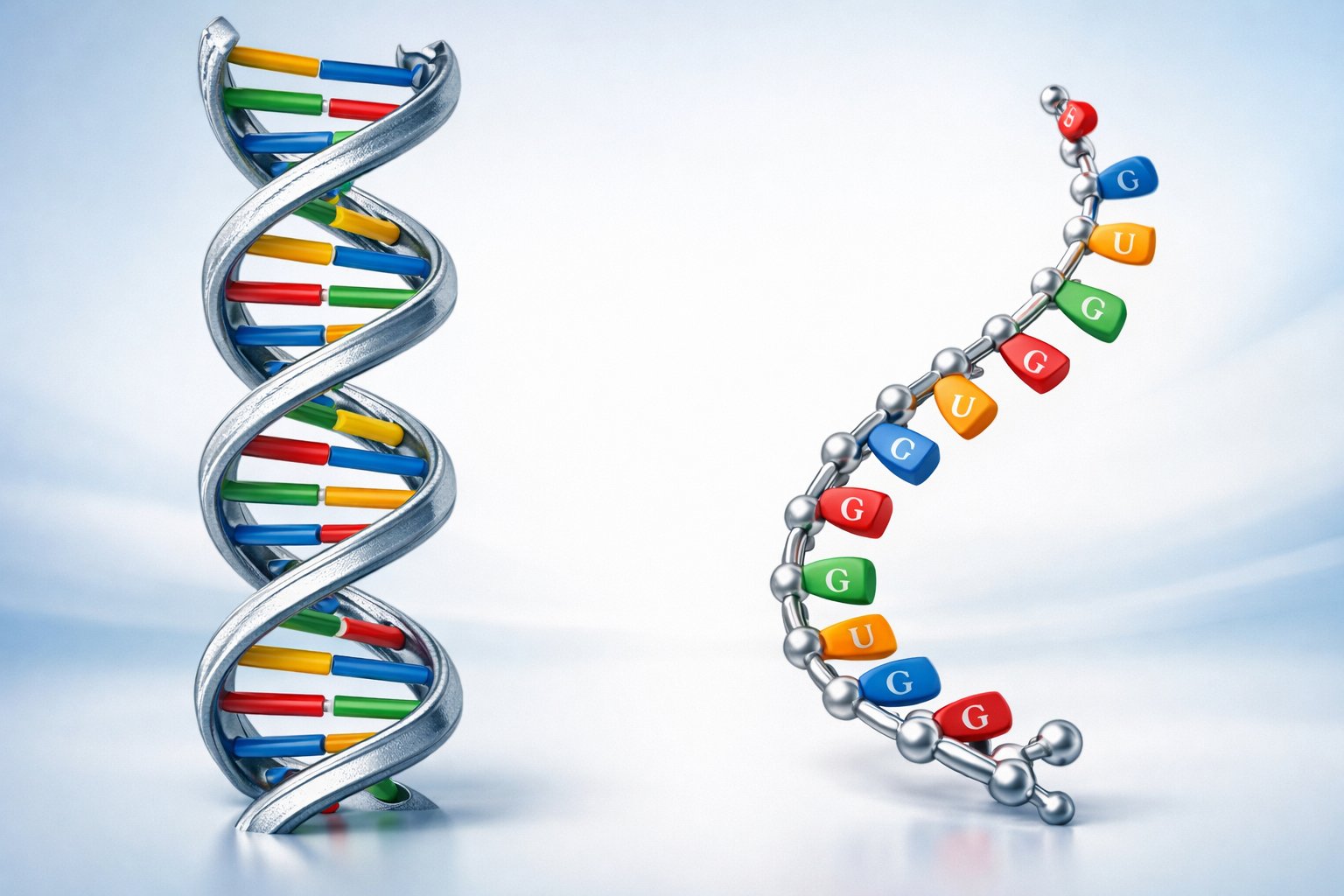 Prikaz molekula DNA i RNA prikazanih jedna do druge radi usporedbe njihovih struktura.