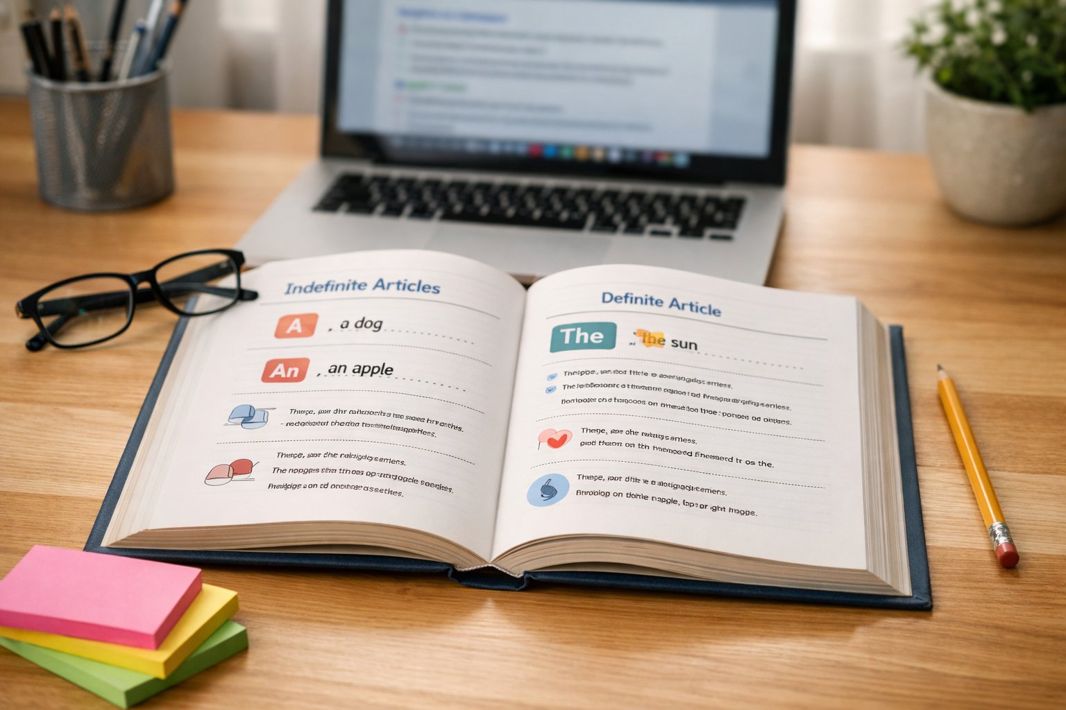 Radni stol s otvorenom knjigom engleske gramatike, naočalama, olovkom i laptopom u pozadini.