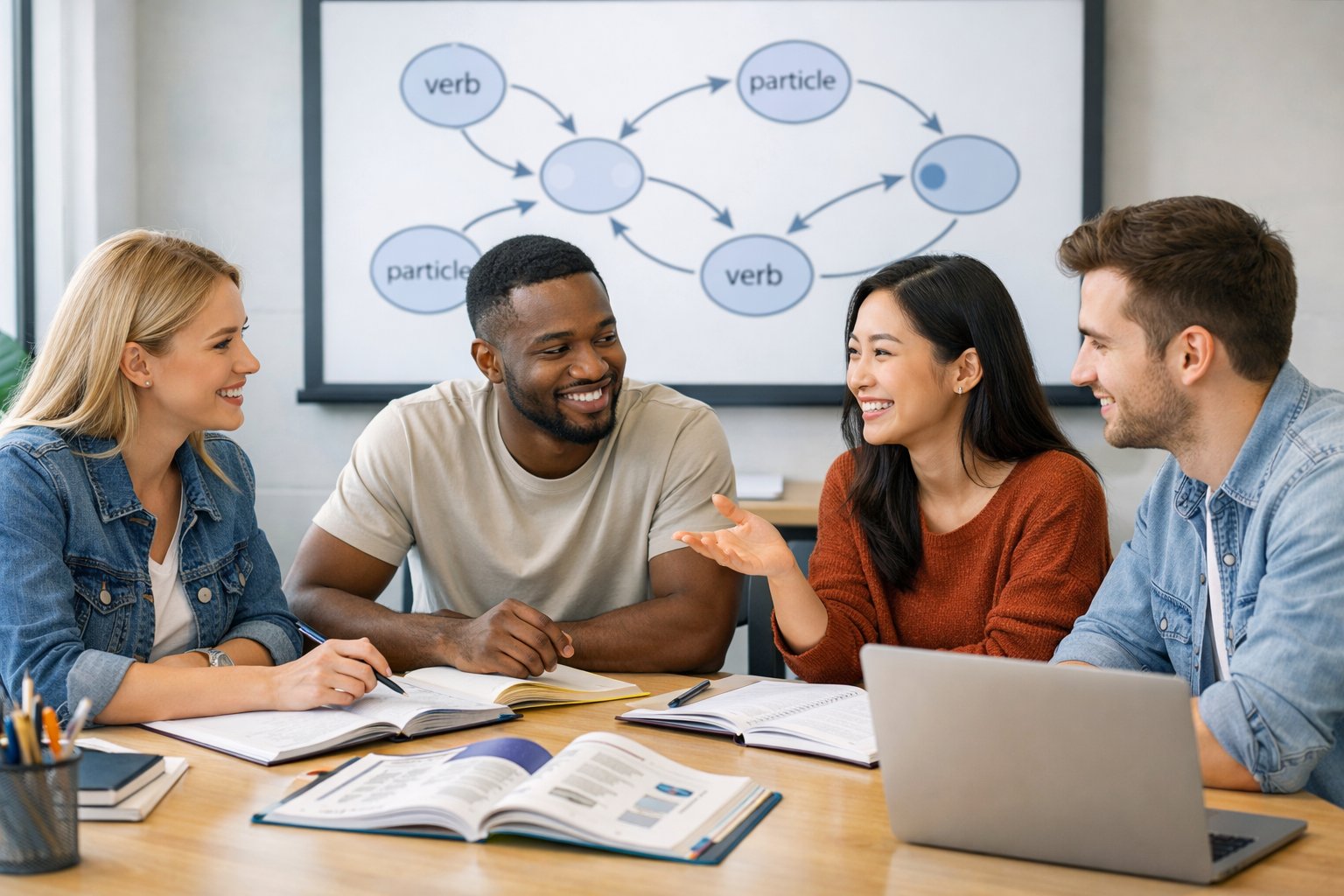 Skupina mladih ljudi u učionici ili uredu raspravlja i uči engleski jezik, okruženi su bilježnicama i prijenosnim računalima.