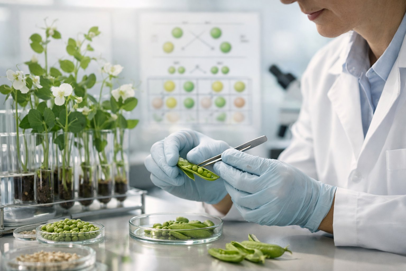 Znanstvenik u laboratoriju promatra biljke graška dok proučava nasljeđivanje osobina.