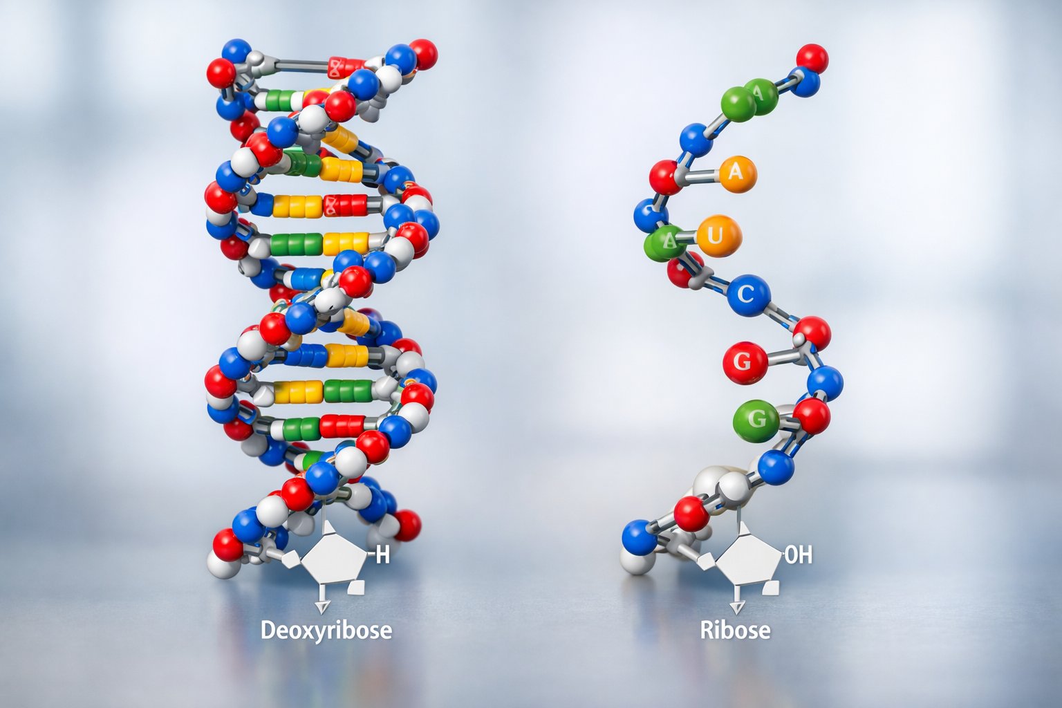 Prikaz molekularnih struktura DNA i RNA s jasno istaknutim razlikama između dvostruke spirale DNA i jednolančane RNA.