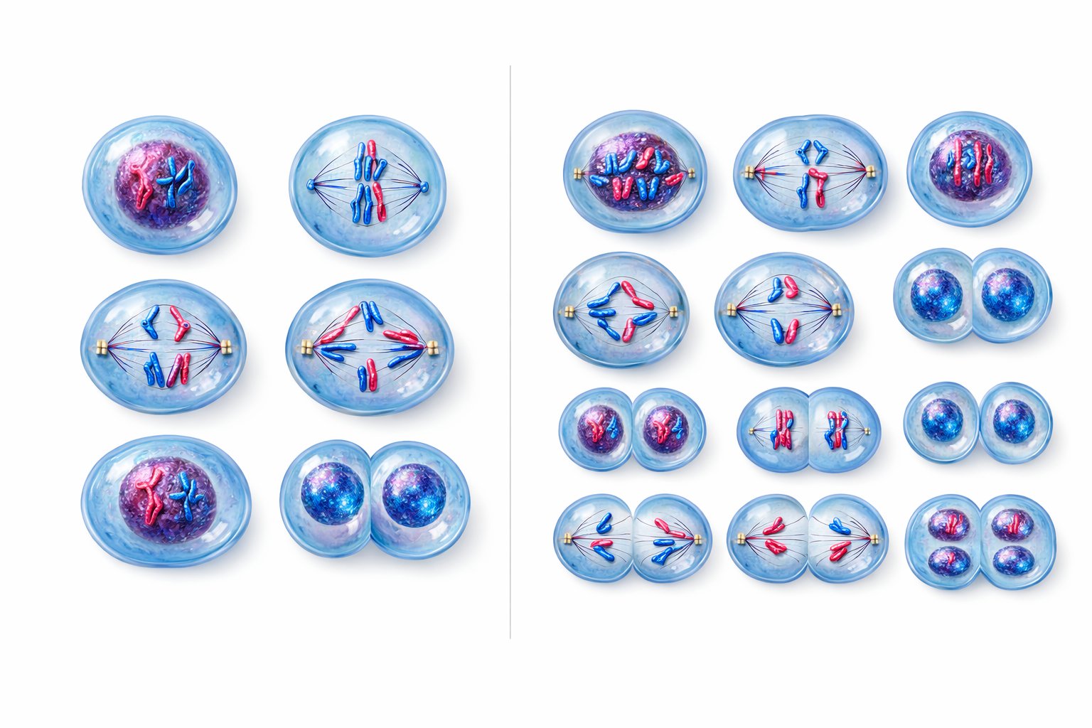 Ilustracija koja prikazuje faze mitoza i mejoza s prikazom stanica i kromosoma u različitim fazama.