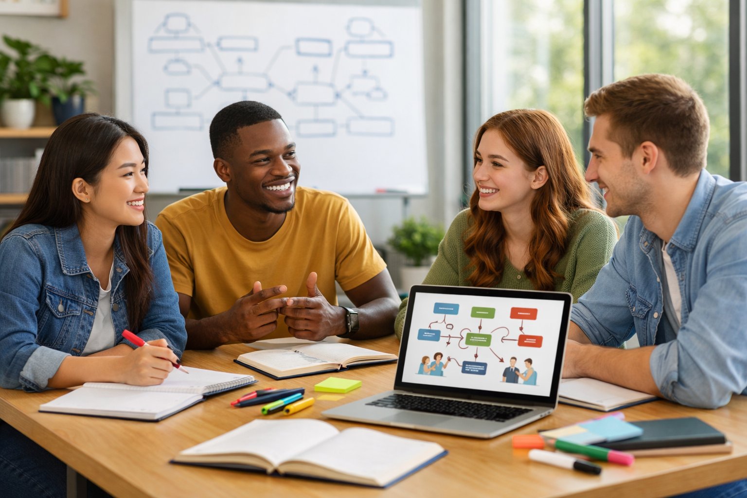 Grupa mladih ljudi u učionici za učenje engleskog jezika, sjede oko stola s bilježnicama i laptopom, raspravljaju i surađuju.