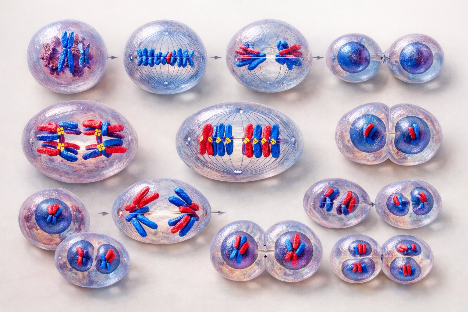 Prikaz stanica u različitim fazama mitoza i mejoza tijekom diobe stanica.