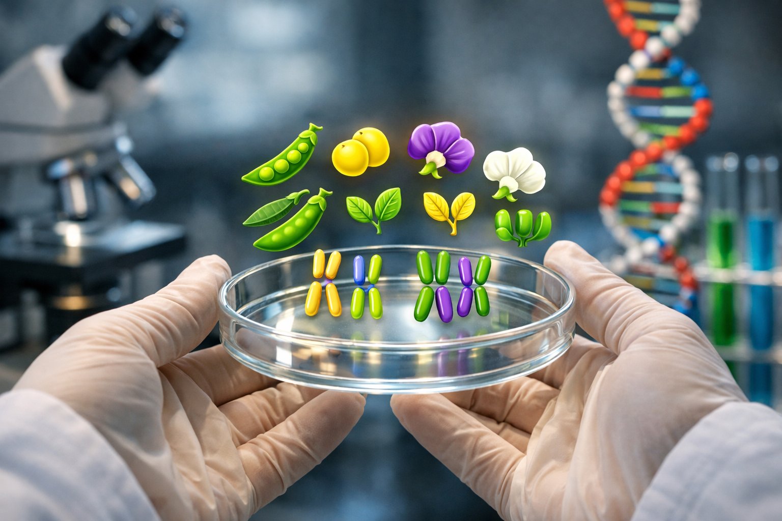 Znanstvenik drži petrijevu zdjelicu s prikazom genetskih obilježja graška u laboratoriju.