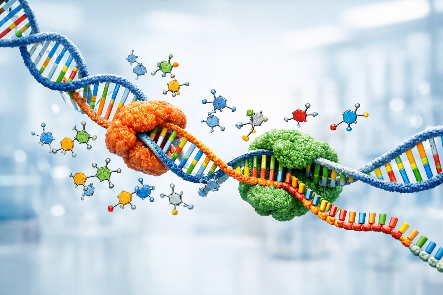 Prikaz procesa replikacije i transkripcije DNA i RNA molekula u laboratorijskom okruženju.