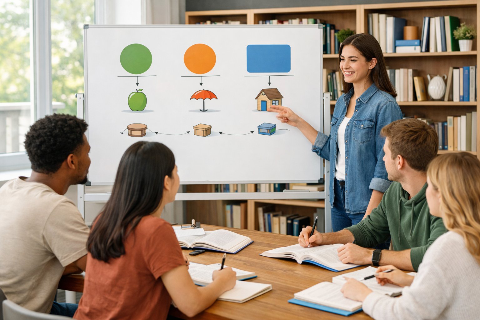 Grupa mladih ljudi u učionici uče engleske članove za stolom s bilješkama i knjigama, dok jedna osoba pokazuje na ploču.