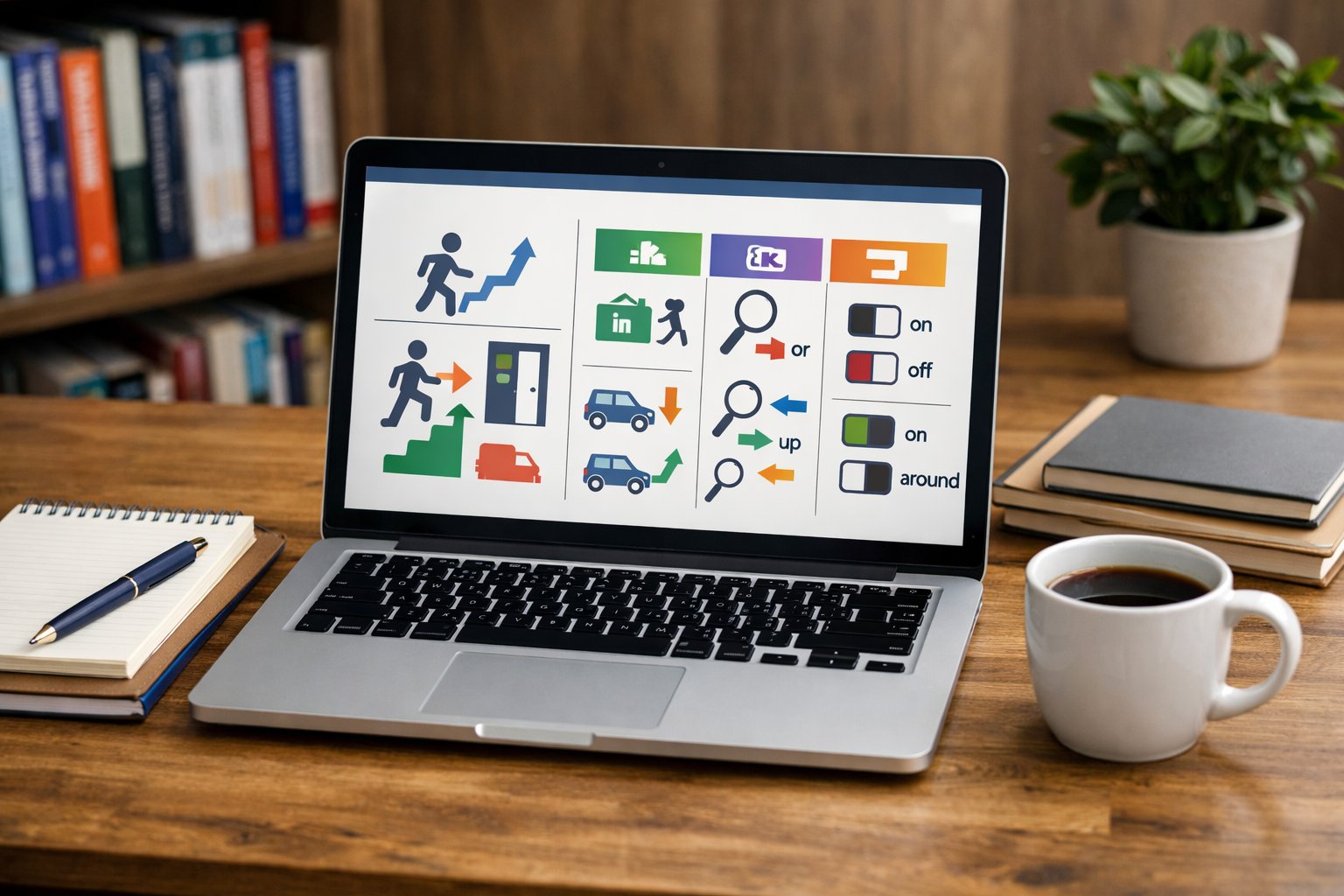 Radni prostor s prijenosnim računalom, bilježnicama i šalicom kave, namijenjen učenju engleskih frazalnih glagola.