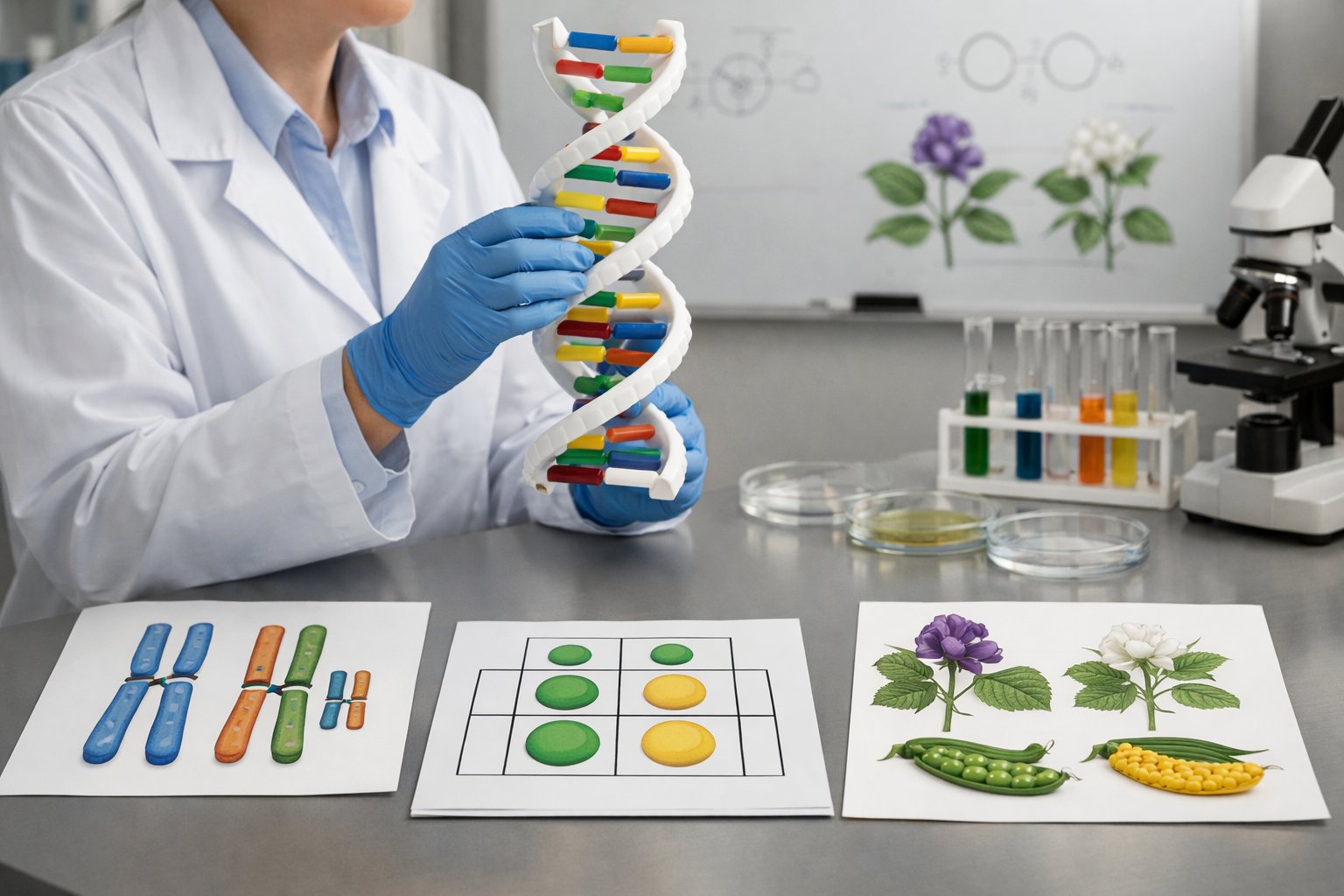 Znanstvenik u laboratoriju proučava model DNK i genetičke ilustracije povezane s nasljeđivanjem osobina.