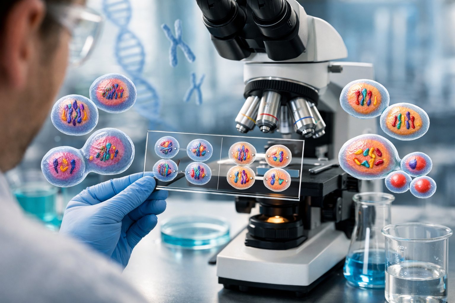 Laboratorij s mikroskopom i ilustracijama faza diobe stanica tijekom mitoza i mejoza.