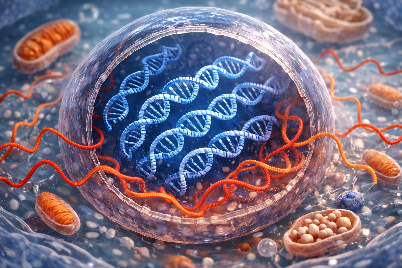 Unutrašnjost stanice s prikazom DNK unutar jezgre i RNK u citoplazmi.