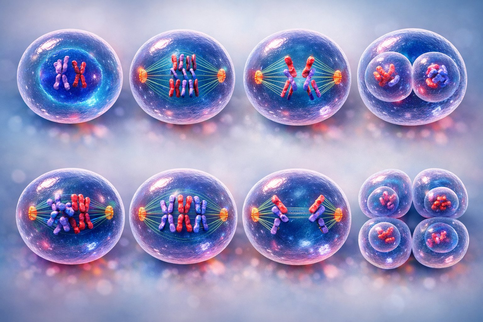 Mikroskopski prikaz stanica koje prolaze kroz faze diobe mitoze i mejoze.