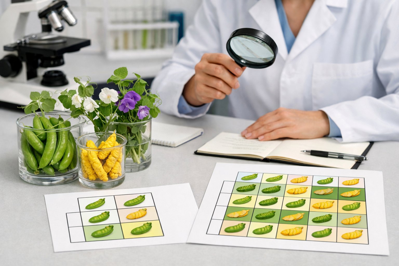 Znanstvenik u laboratoriju promatra grahove biljke i genetske dijagrame koji prikazuju nasljeđivanje svojstava biljaka.